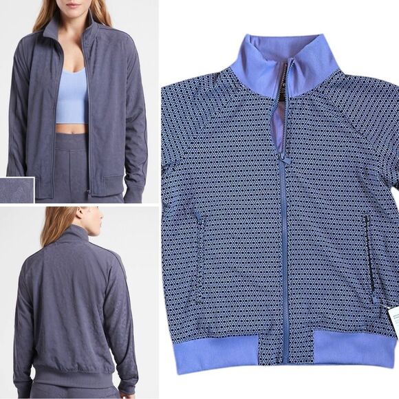 NWT Athleta Lightweight Brooklyn Bomber Jacket Geometric Periwinkle Blue Pockets - Picture 1 of 16